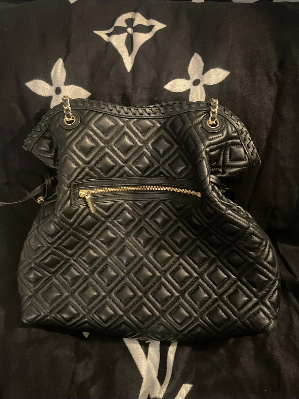 Tory Burch Quilted Black Leather Tote with Chain Handles